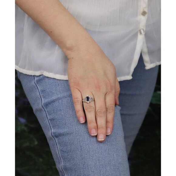 Sterling Silver Natural Dark Blue Sapphire and Cubic Zirconia Ring Size 8 1/4 - Picture 4 of 6